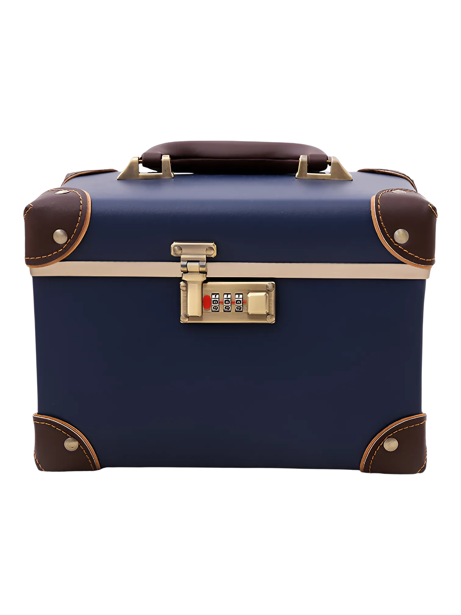 Mallette de maquillage vanity coiffeuse portable avec miroir en cuir navy avec fermeture à code compacte élégante