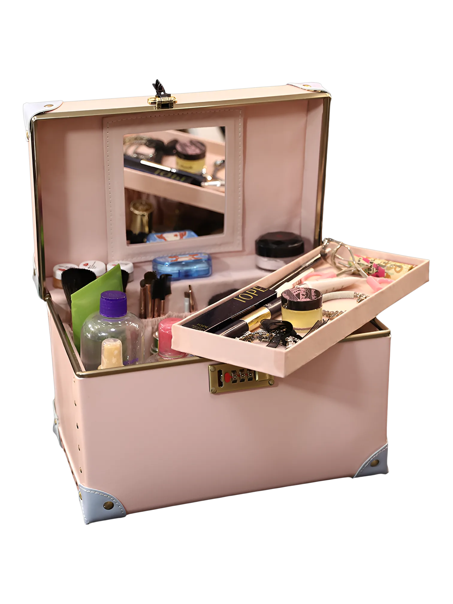 Mallette de maquillage vanity coiffeuse portable avec miroir rose intérieur miroir cosmétiques organisateur compact pratique