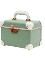 Mallettes de maquillage vert pastel avec poignée en cuir blanc et détails en cuivre portable avec miroir pour coiffeuse Mallettes de maquillage vert pastel avec poignée en cuir blanc et détails en cuivre portable avec miroir pour coiffeuse