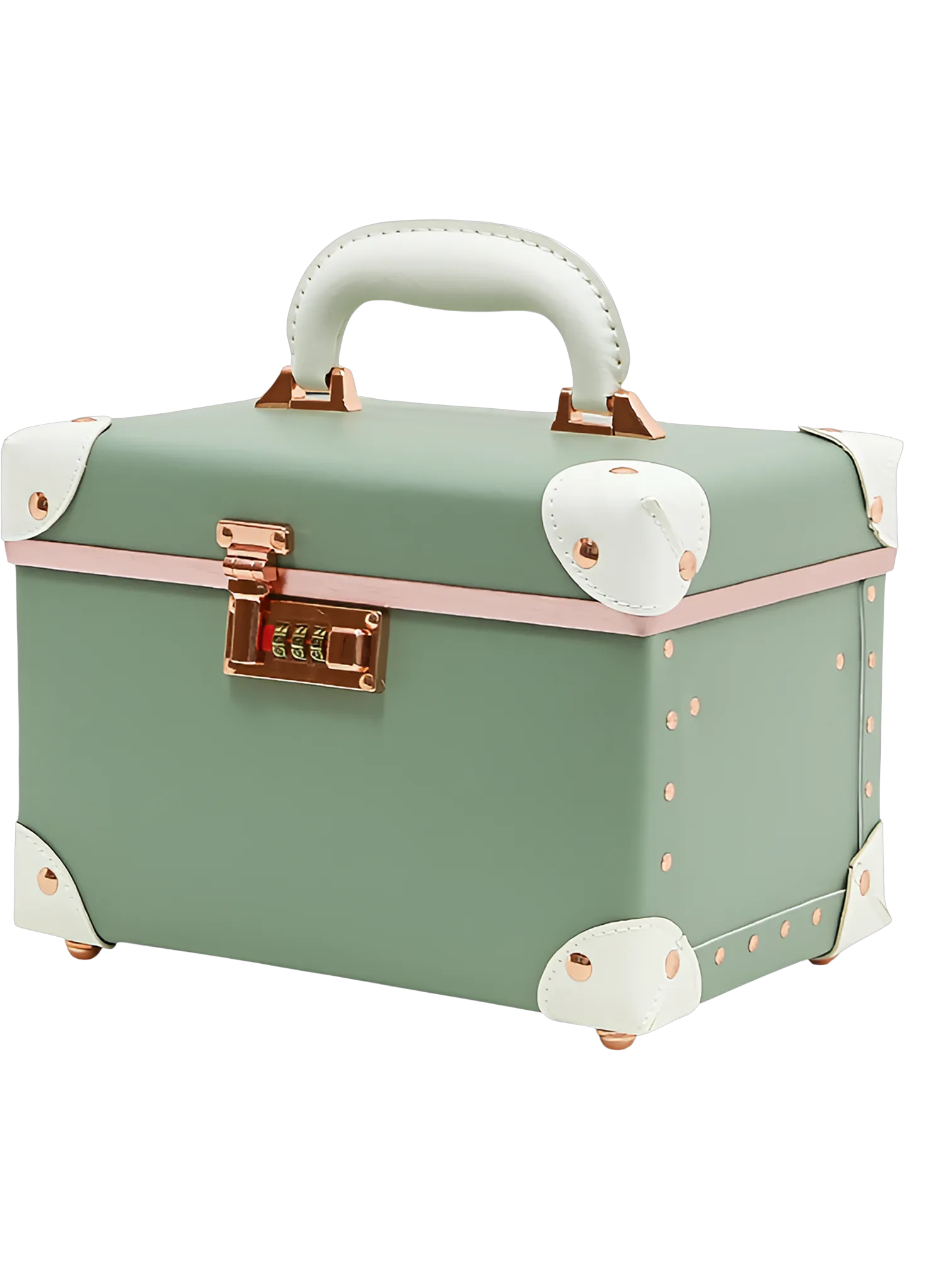 Mallettes de maquillage vert pastel avec poignée en cuir blanc et détails en cuivre portable avec miroir pour coiffeuse