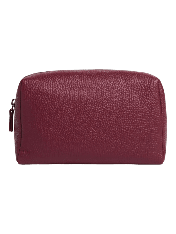 Small red textured faux leather zippered makeup and toiletries bag for women, perfect for travel