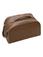 Elegante, braune Make-up-Tasche aus Leder für Damen mit Griff und Reißverschlüssen für Kosmetikartikel und Accessoires Elegantes, braunes Make-up-Täschchen aus Leder für Damen mit Griff und Reißverschlüssen für Kosmetikartikel und Accessoires