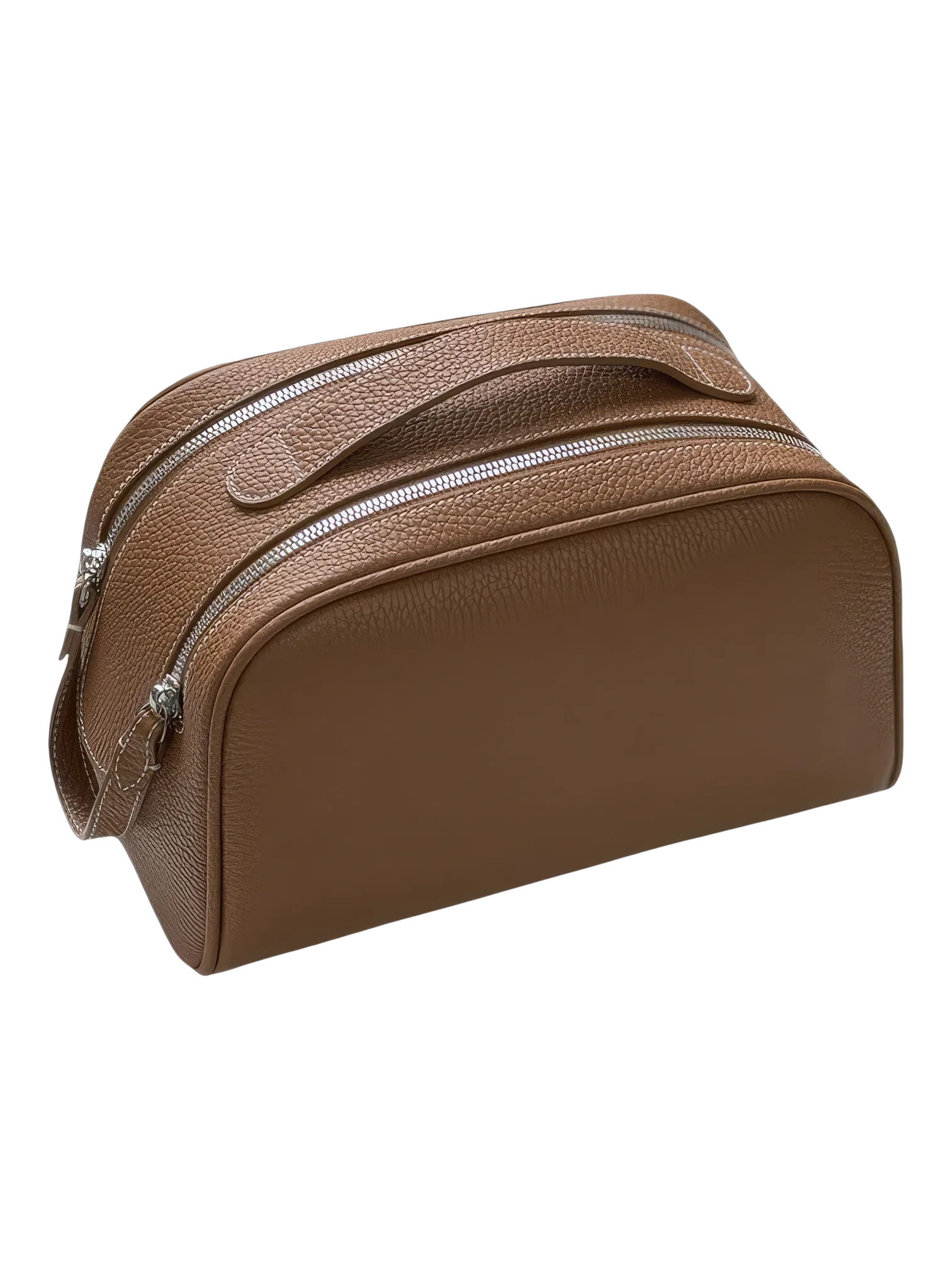 Trousse de maquillage toilette femme en cuir brune avec poignée et zips élégante pour cosmétiques et accessoires