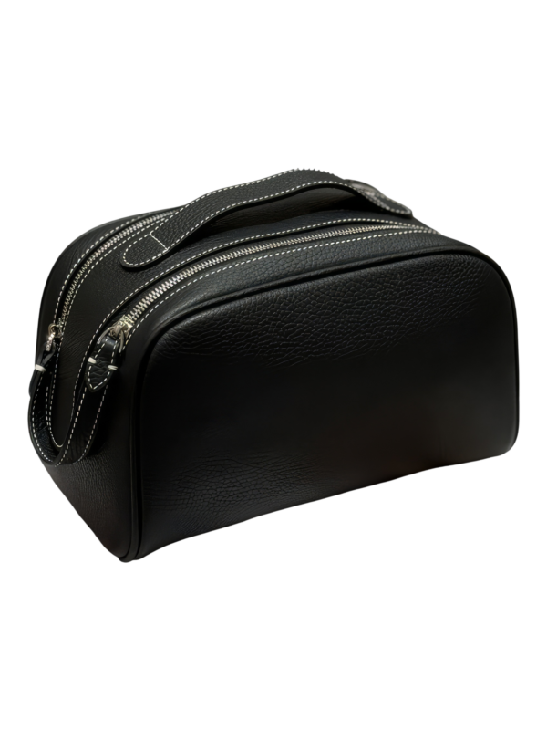 Trousse de maquillage toilette femme en cuir cuir noir zipper design sophistiqué pour voyage et usage quotidien