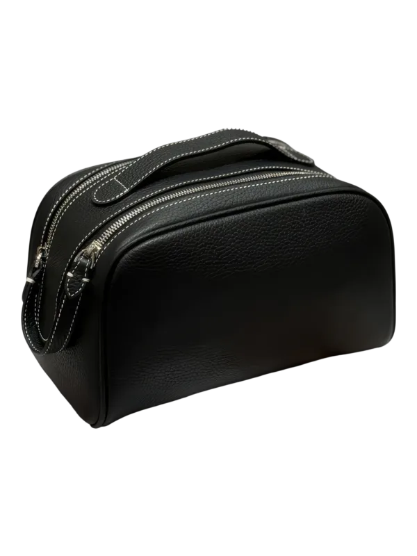 Trousse de maquillage toilette femme en cuir cuir noir zipper design sophistiqué pour voyage et usage quotidien