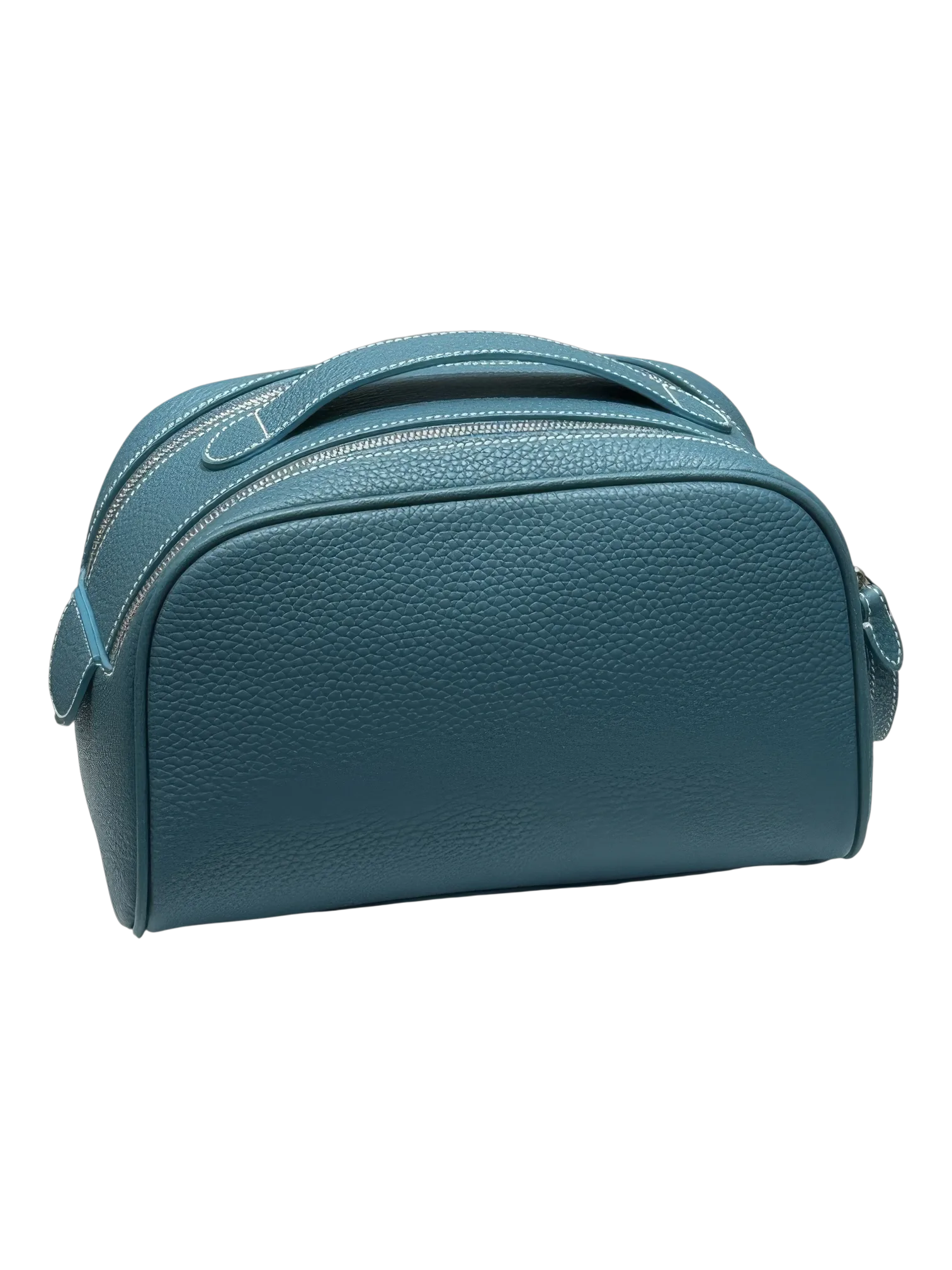Trousse de maquillage toilette femme en cuir en couleur bleu doux et moderne pour cosmétiques et accessoires féminins