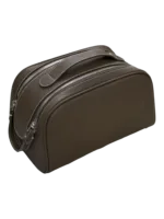 Braune Make-up-Tasche aus Leder für Damen mit doppeltem Reißverschluss und praktischem Tragegriff für unterwegs Braune Make-up-Tasche für Damen aus Leder mit doppeltem Reißverschluss und praktischem Tragegriff für unterwegs