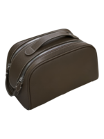 Trousse de maquillage toilette femme en cuir marron avec double fermeture éclair et anse pratique pour voyage Trousse de maquillage toilette femme en cuir marron avec double fermeture éclair et anse pratique pour voyage