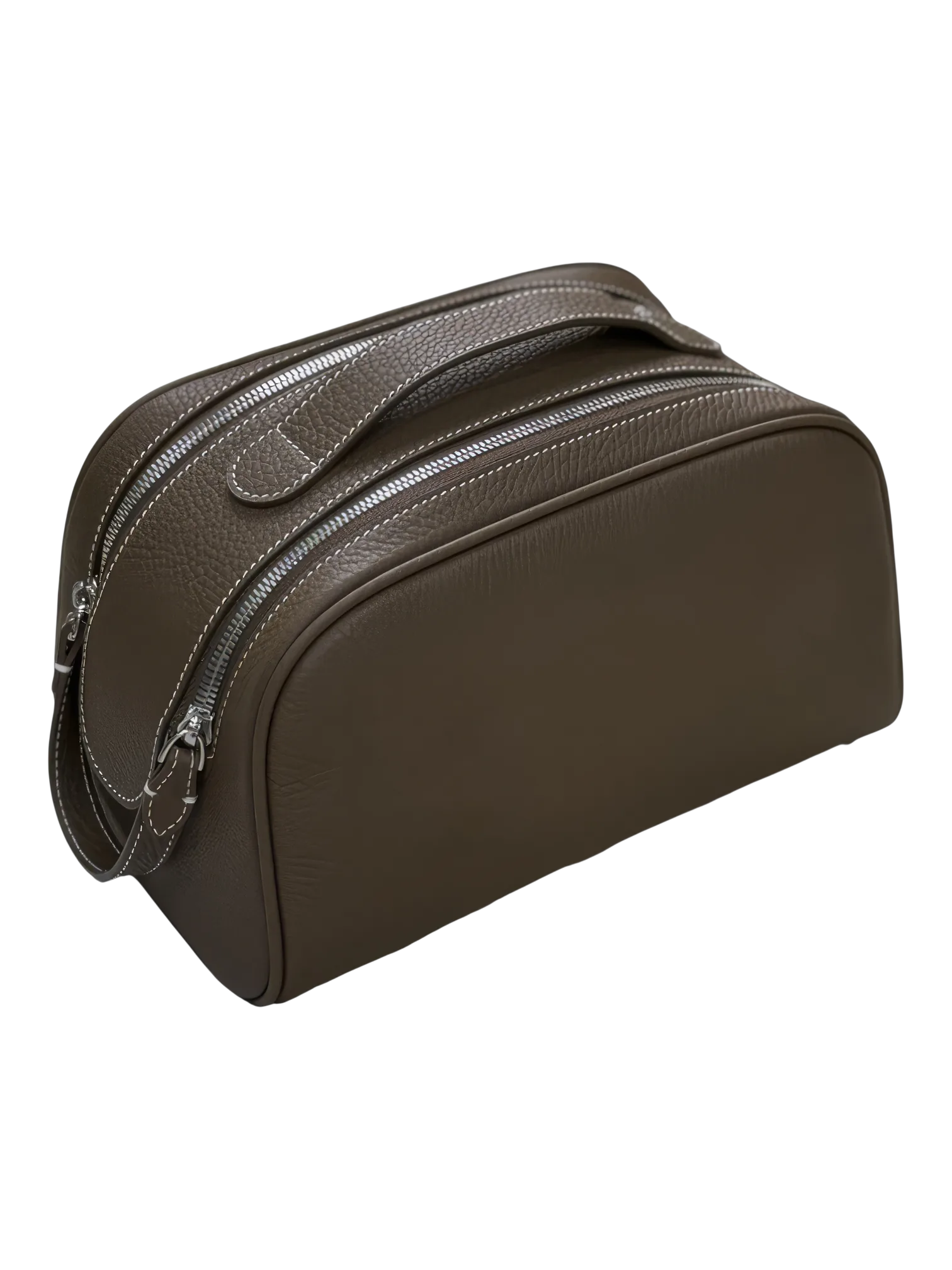 Trousse de maquillage toilette femme en cuir marron avec double fermeture éclair et anse pratique pour voyage