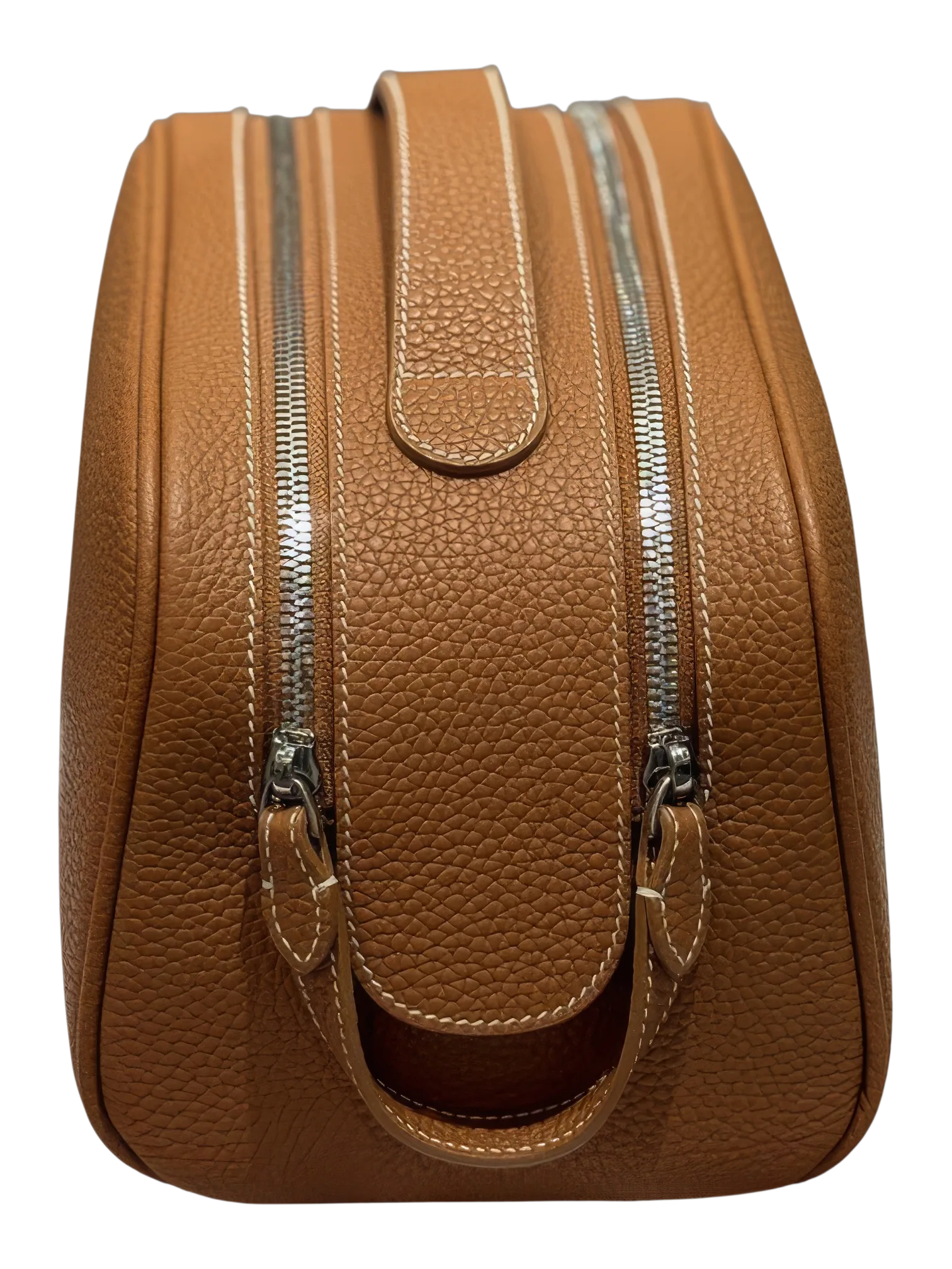 Trousse de maquillage toilette femme en cuir marron de qualité supérieure avec zip double et poignée pratique
