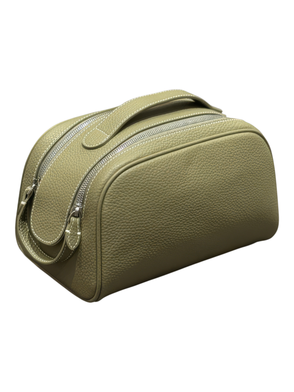 Trousse de maquillage toilette femme en cuir vert pâle avec zip poignée pratique pour cosmétiques et accessoires