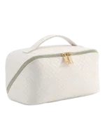 Bolsa de maquilhagem trançada para arrumação de cosméticos, branca, com vários compartimentos e fecho de correr com detalhes dourados 1.png