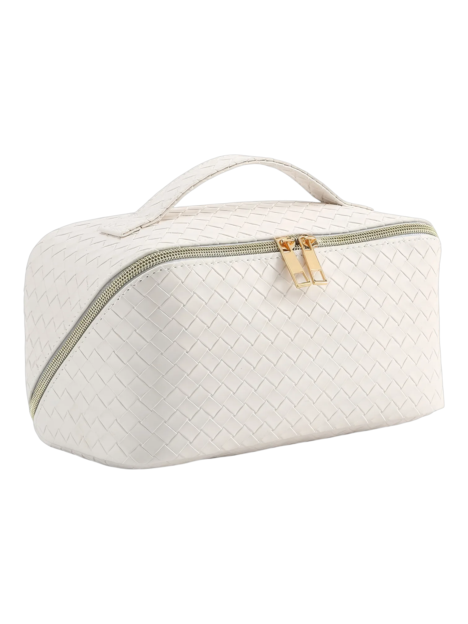 Bolsa de maquilhagem trançada para arrumação de cosméticos, branca, com vários compartimentos e fecho de correr com detalhes dourados 1.png