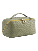 Trousse de maquillage tressee pour rangement cosmetique en couleur vert olive avec zip dore et plusieurs compartiments resistante a l eau 1.png