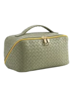 Bolsa de maquilhagem trançada para guardar cosméticos, na cor verde-oliva, com fecho dourado e vários compartimentos, resistente à água 1.png