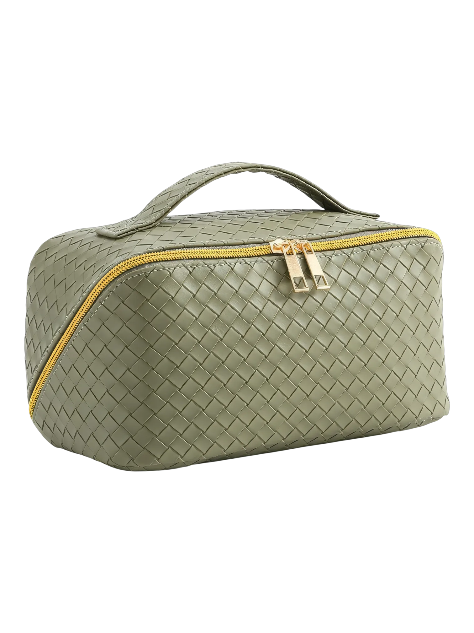 Bolsa de maquilhagem trançada para guardar cosméticos, na cor verde-oliva, com fecho dourado e vários compartimentos, resistente à água 1.png