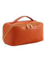 Necessaire trançada para guardar cosméticos, em pele laranja, com fecho dourado e vários compartimentos, elegante e prática 1.png