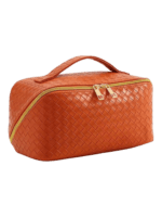 Braided makeup bag for storing cosmetics, made of orange leather with a gold zipper and multiple compartments—elegant and practical 1.png Braided makeup bag for storing cosmetics, made of orange leather with a gold zipper and multiple compartments—elegant and practical 1.png