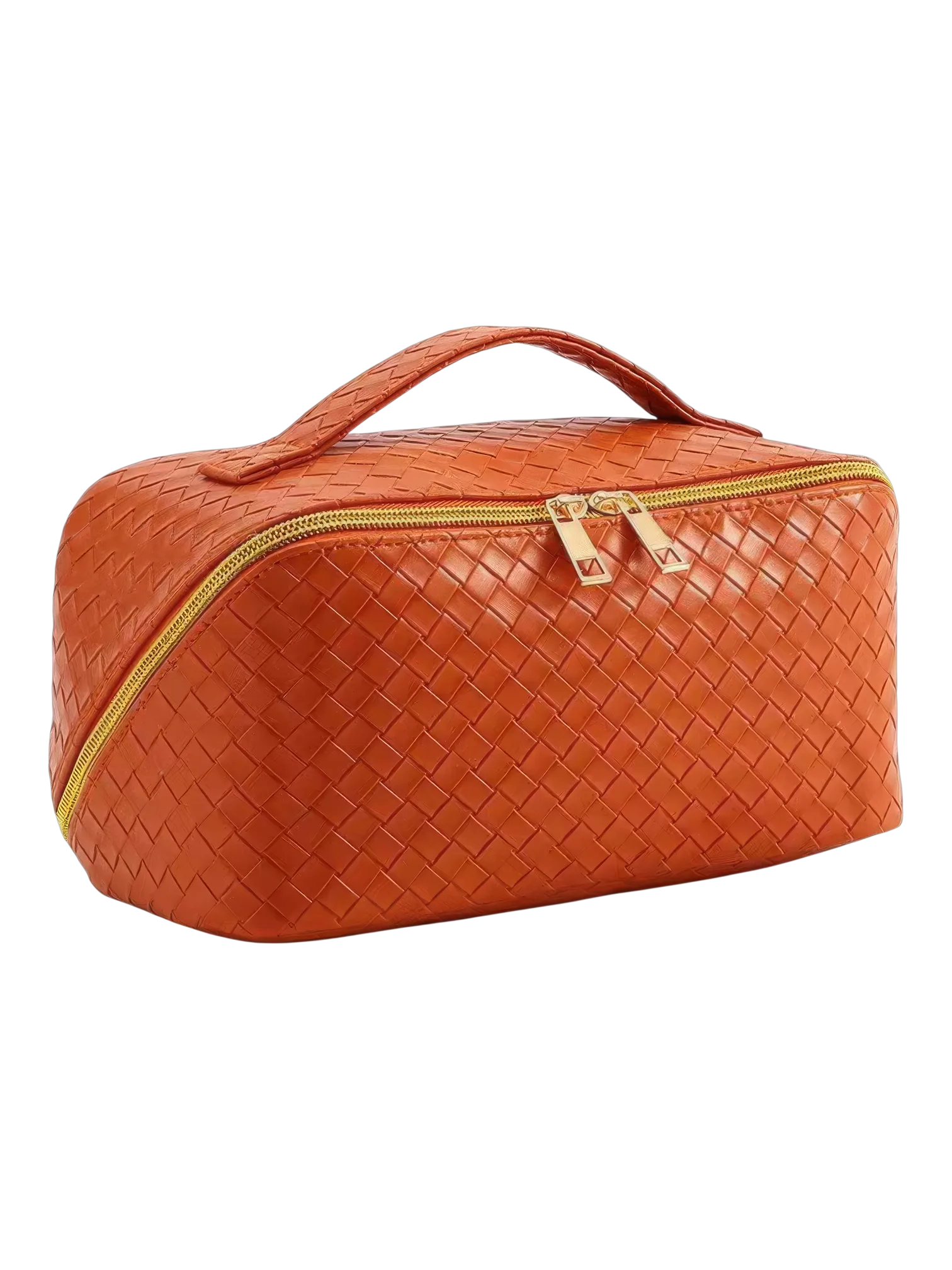 Necessaire trançada para guardar cosméticos, em pele laranja, com fecho dourado e vários compartimentos, elegante e prática 1.png