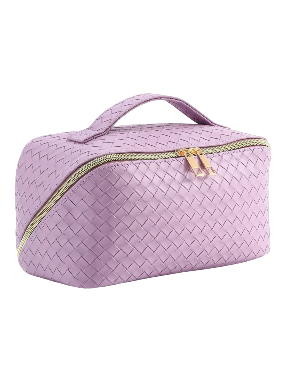 Bolsa de maquilhagem trançada para arrumação de cosméticos, com vários compartimentos, cor lilás, com fecho dourado, elegante e prática 1.png Bolsa de maquilhagem trançada para guardar cosméticos, com vários compartimentos, cor lilás e fecho de correr dourado, elegante e prática 1.png