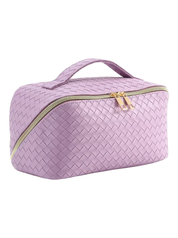 Flätad sminkväska för förvaring av kosmetika, flera fack, lila färg med elegant och praktisk guldfärgad dragkedja 1.png