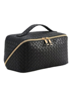 Trousse de maquillage tressee pour rangement cosmetique plusieurs compartiments en similicuir noir avec zip dore compacte et pratique 1.png