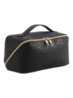 Necessaire de maquilhagem trançada para arrumação de cosméticos, com vários compartimentos, em imitação de couro preto com fecho dourado, compacta e prática 1.png
