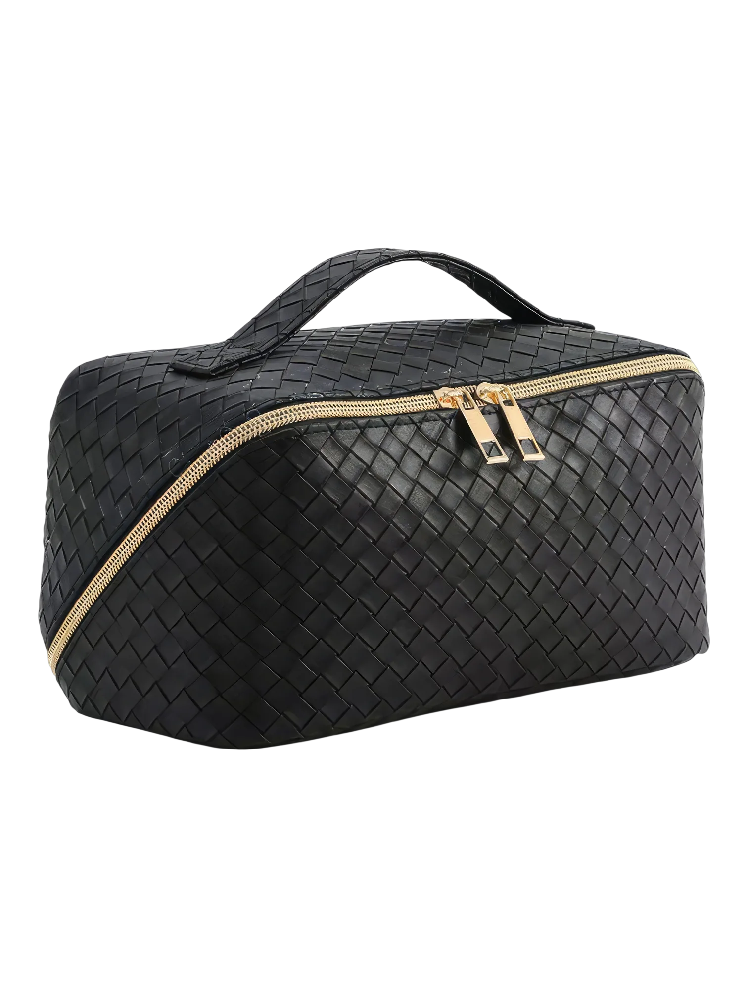 Necessaire de maquilhagem trançada para arrumação de cosméticos, com vários compartimentos, em imitação de couro preto com fecho dourado, compacta e prática 1.png