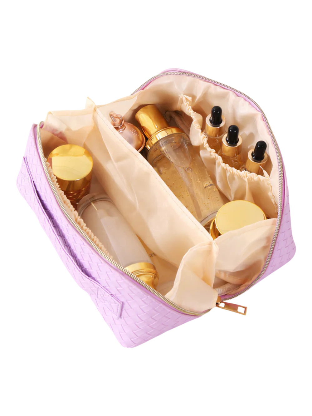 Bolsa de maquilhagem trançada para guardar cosméticos, com vários compartimentos – vista interior Bolsa de maquilhagem trançada para arrumação de cosméticos, com vários compartimentos – vista do interior
