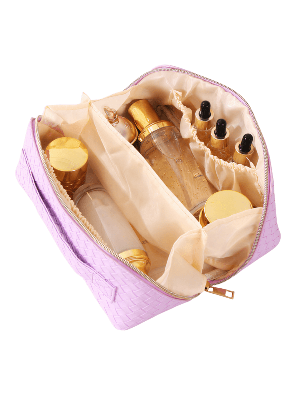 Braided makeup bag for storing cosmetics, with multiple compartments—interior view Braided makeup bag for storing cosmetics, with multiple compartments—interior view