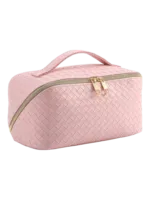 Bolsa de maquilhagem trançada para guardar cosméticos, cor-de-rosa, com vários compartimentos e fecho de correr dourado 1.png