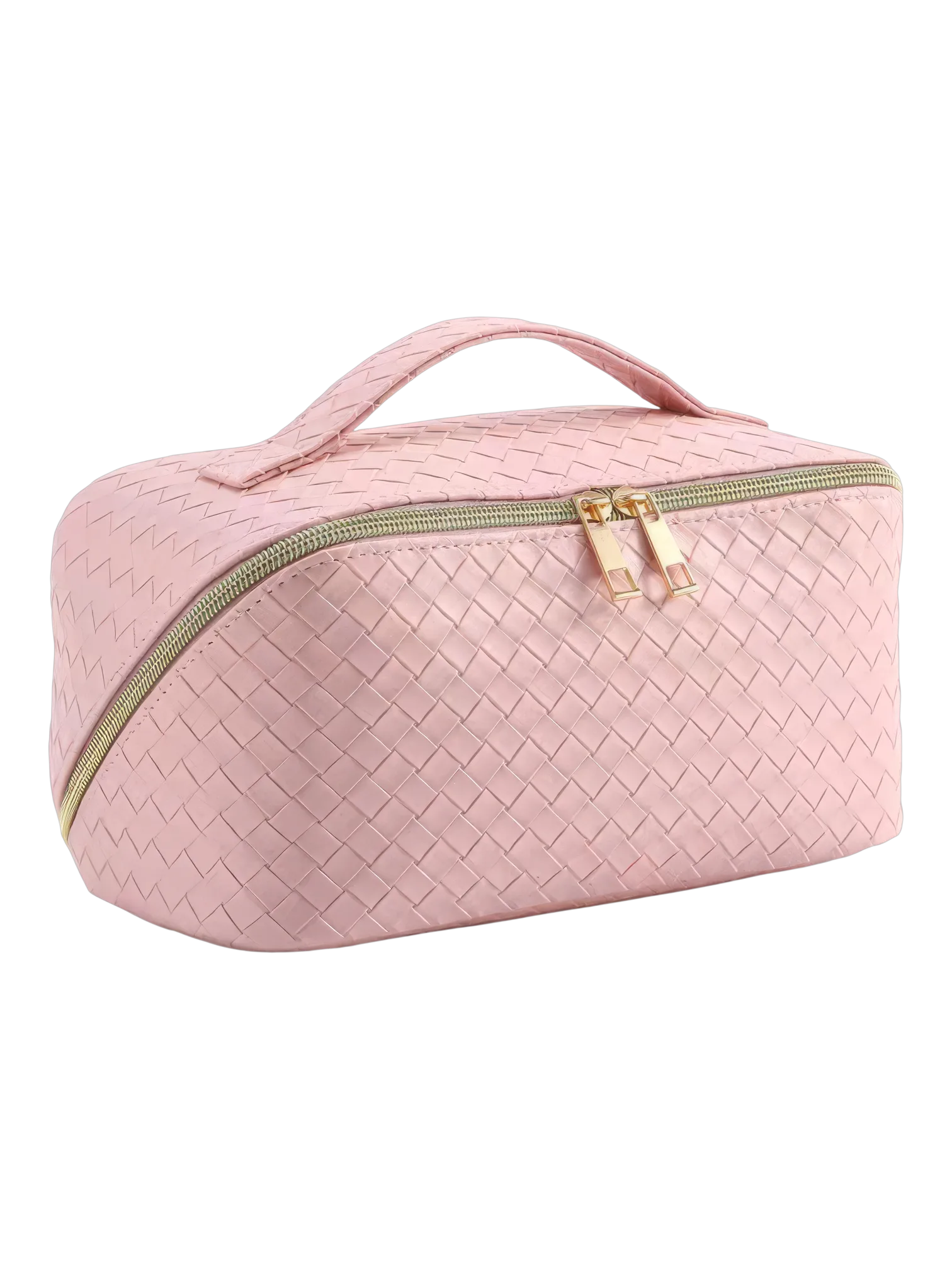 Bolsa de maquilhagem trançada para guardar cosméticos, cor-de-rosa, com vários compartimentos e fecho de correr dourado 1.png