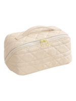 Trousse de toilette maquillage beige quiltée avec plusieurs compartiments et pochettes pour organisation des produits cosmétiques