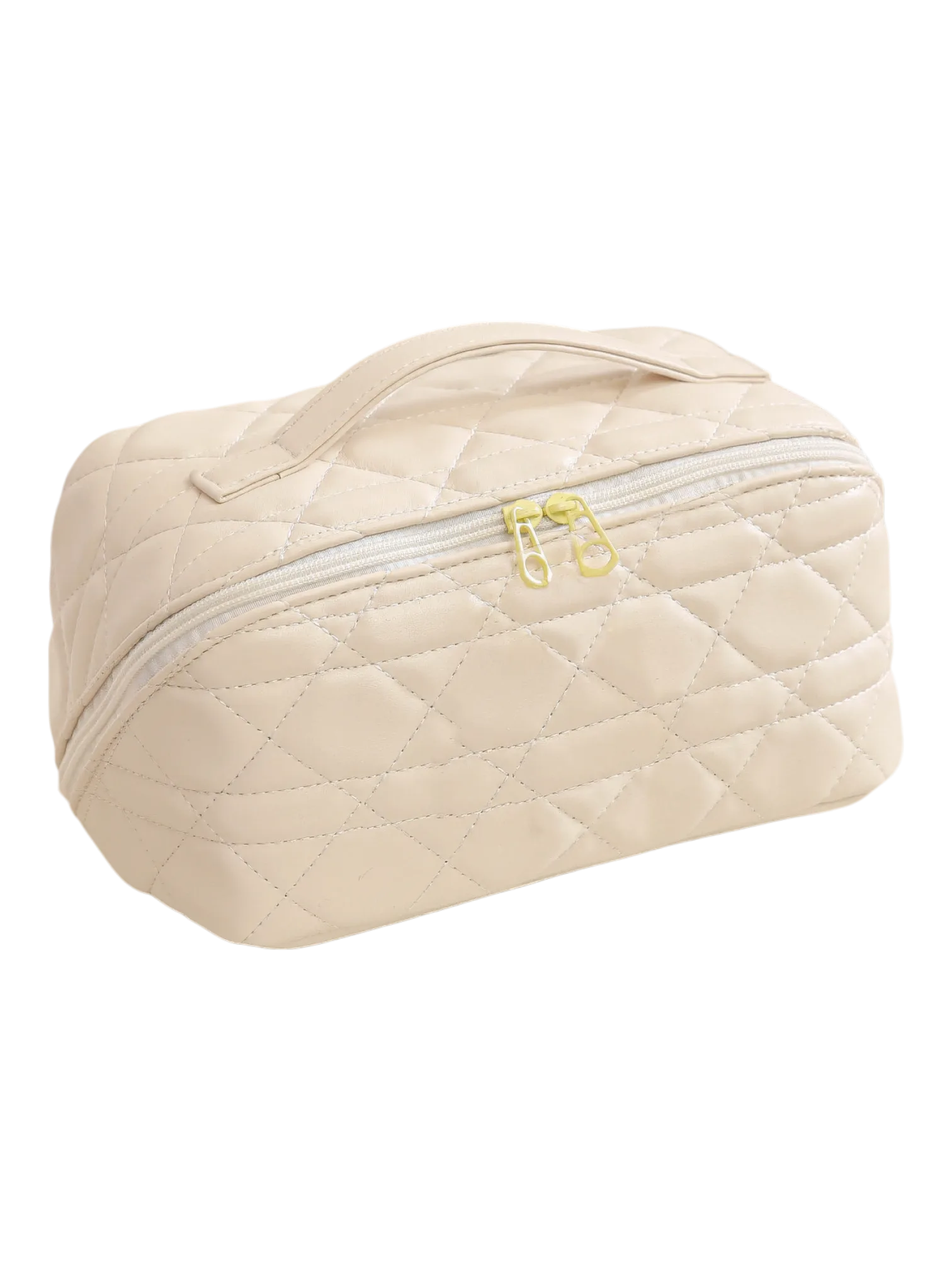 Trousse de toilette maquillage beige quiltée avec plusieurs compartiments et pochettes pour organisation des produits cosmétiques