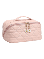 Trousse de toilette maquillage en cuir rose avec plusieurs compartiments et pochettes de rangement élégante avec detail fleur