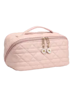 Trousse de toilette maquillage en cuir rose avec plusieurs compartiments et pochettes de rangement élégante avec detail fleur