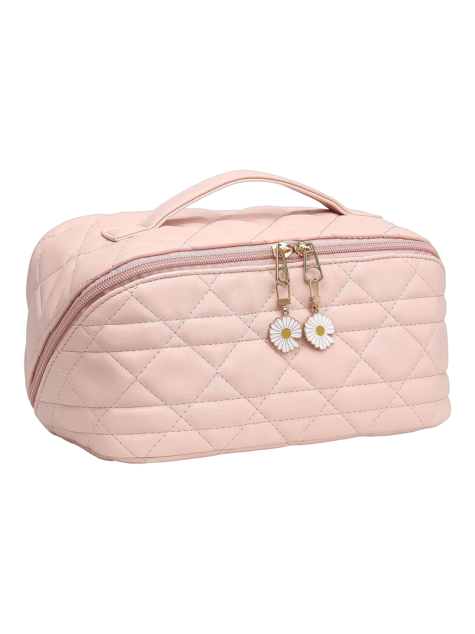 Trousse de toilette maquillage en cuir rose avec plusieurs compartiments et pochettes de rangement élégante avec detail fleur