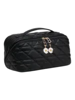 Trousse de toilette maquillage noire avec plusieurs compartiments pochettes décoratives fleurs blanches élégante et pratique