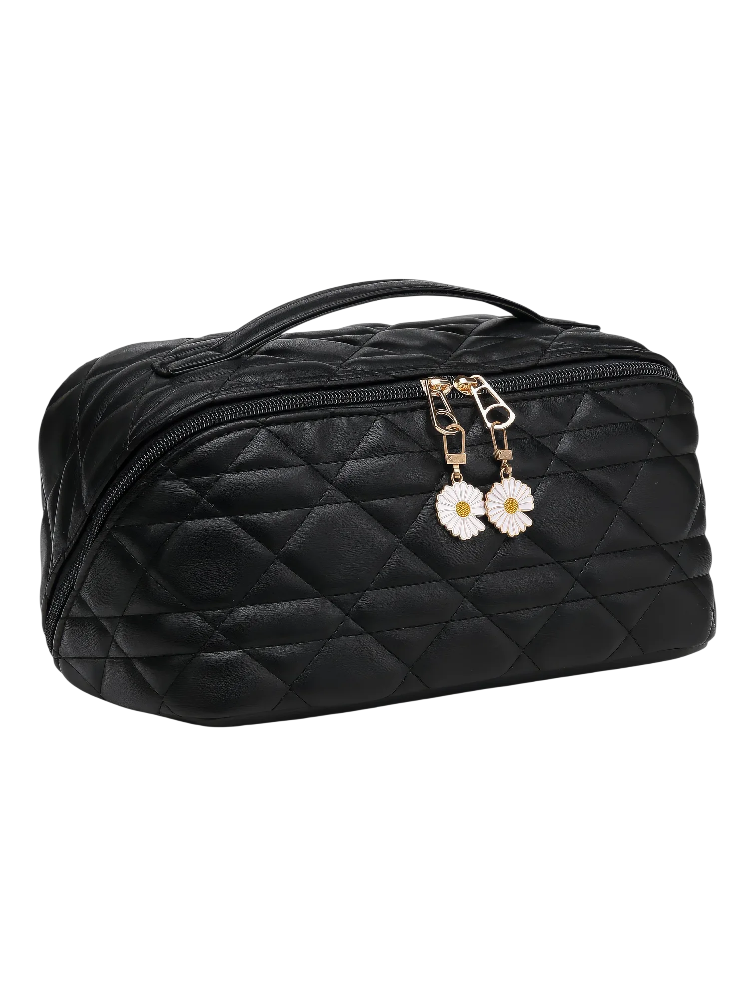 Trousse de toilette maquillage noire avec plusieurs compartiments pochettes décoratives fleurs blanches élégante et pratique