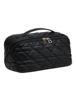 Trousse de toilette maquillage noire quiltée avec plusieurs compartiments et pochettes zip perles or élégante