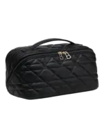 Trousse de toilette maquillage noire quiltée avec plusieurs compartiments et pochettes zip perles or élégante Trousse de toilette maquillage noire quiltée avec plusieurs compartiments et pochettes zip perles or élégante