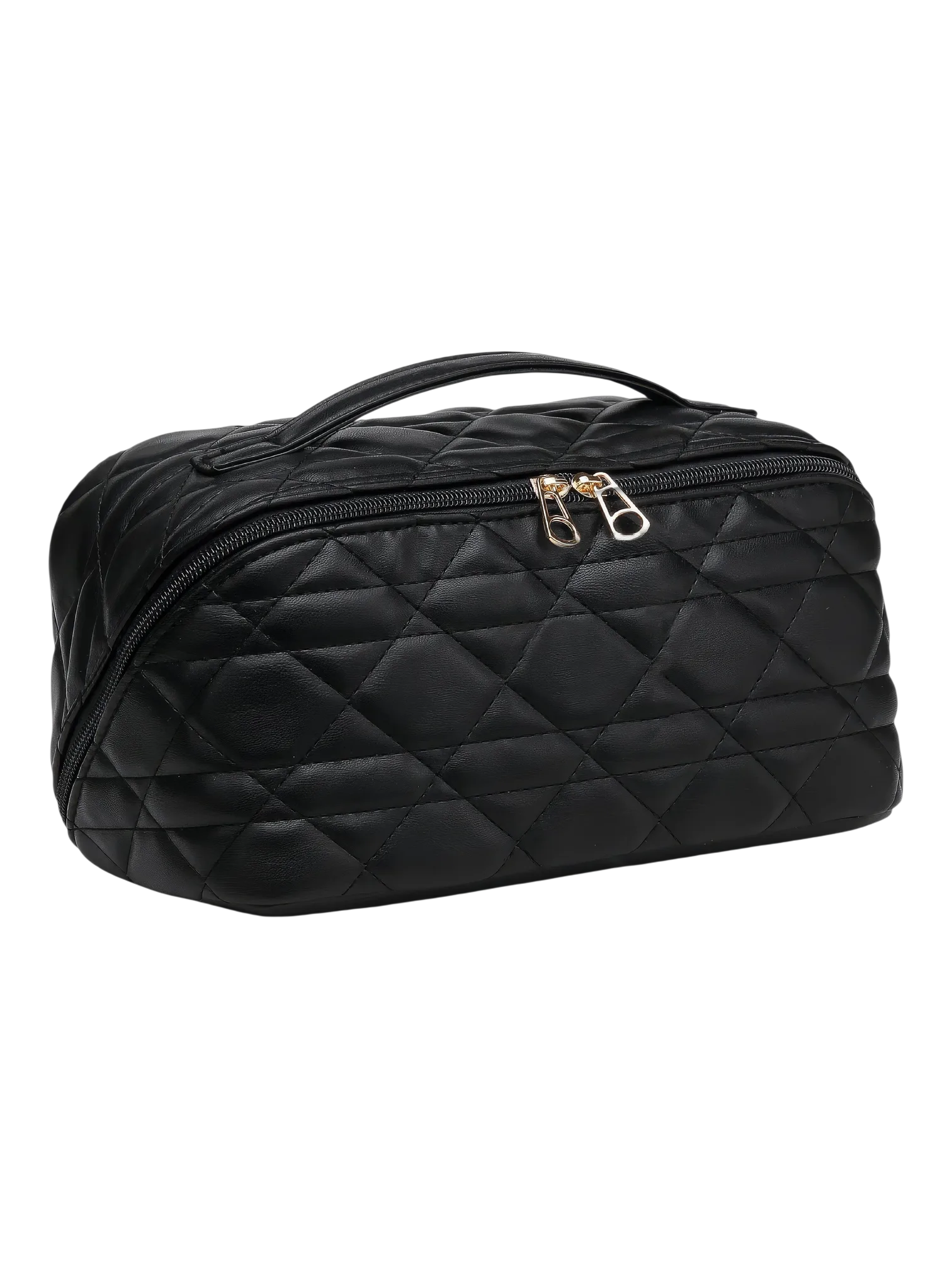 Trousse de toilette maquillage noire quiltée avec plusieurs compartiments et pochettes zip perles or élégante