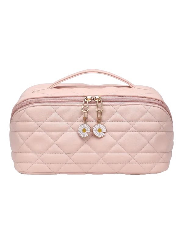 Trousse de toilette maquillage rose avec plusieurs compartiments et pochettes pour un rangement pratique ornée de fleurs