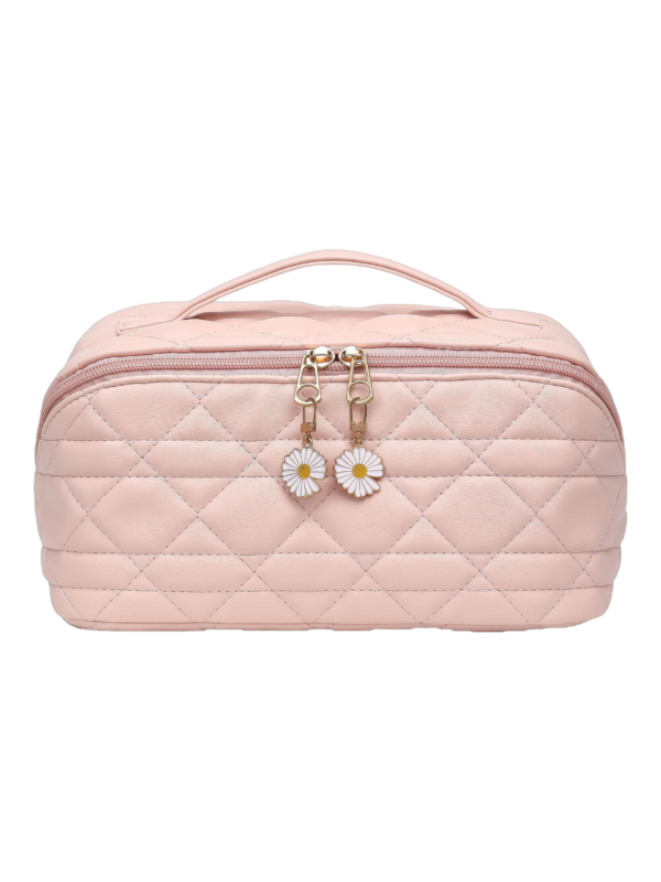 Trousse de toilette maquillage rose avec plusieurs compartiments et pochettes pour un rangement pratique ornée de fleurs