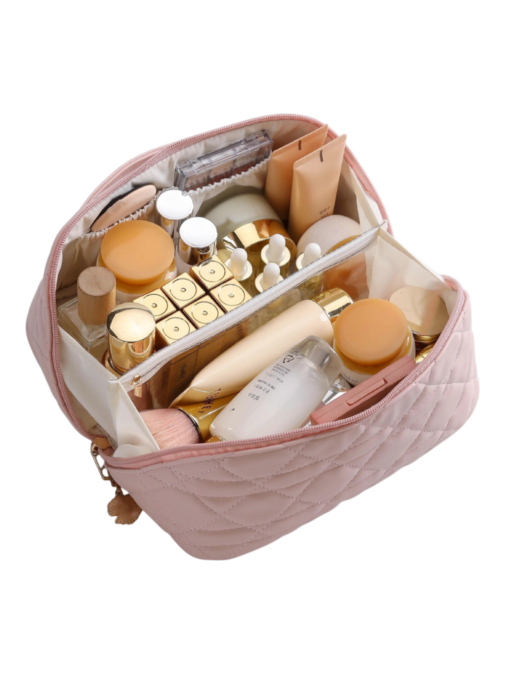 Trousse de toilette maquillage rose plusieurs compartiments pochettes doublure en tissus elegante organisation pour voyage vue intérieure 1 Trousse de toilette maquillage rose plusieurs compartiments pochettes doublure en tissus elegante organisation pour voyage vue intérieure 1