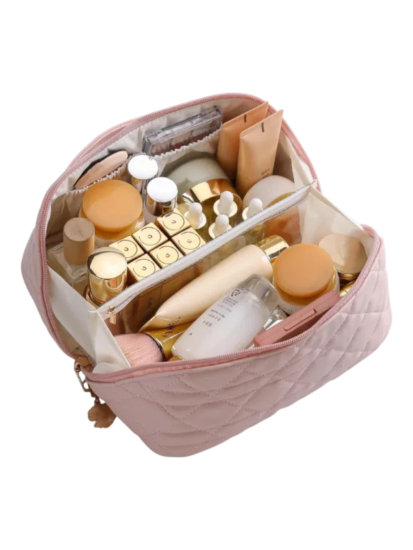 Trousse de toilette maquillage rose plusieurs compartiments pochettes doublure en tissus elegante organisation pour voyage vue intérieure 1