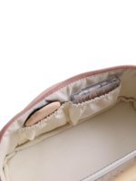 Trousse de toilette maquillage rose plusieurs compartiments pochettes doublure en tissus elegante organisation pour voyage vue intérieure