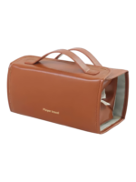 Trousse maquillage pliable et transparente pratique avec plusieurs compartiments détachables à clipser déclipser en cuir brun soutenu pour voyage