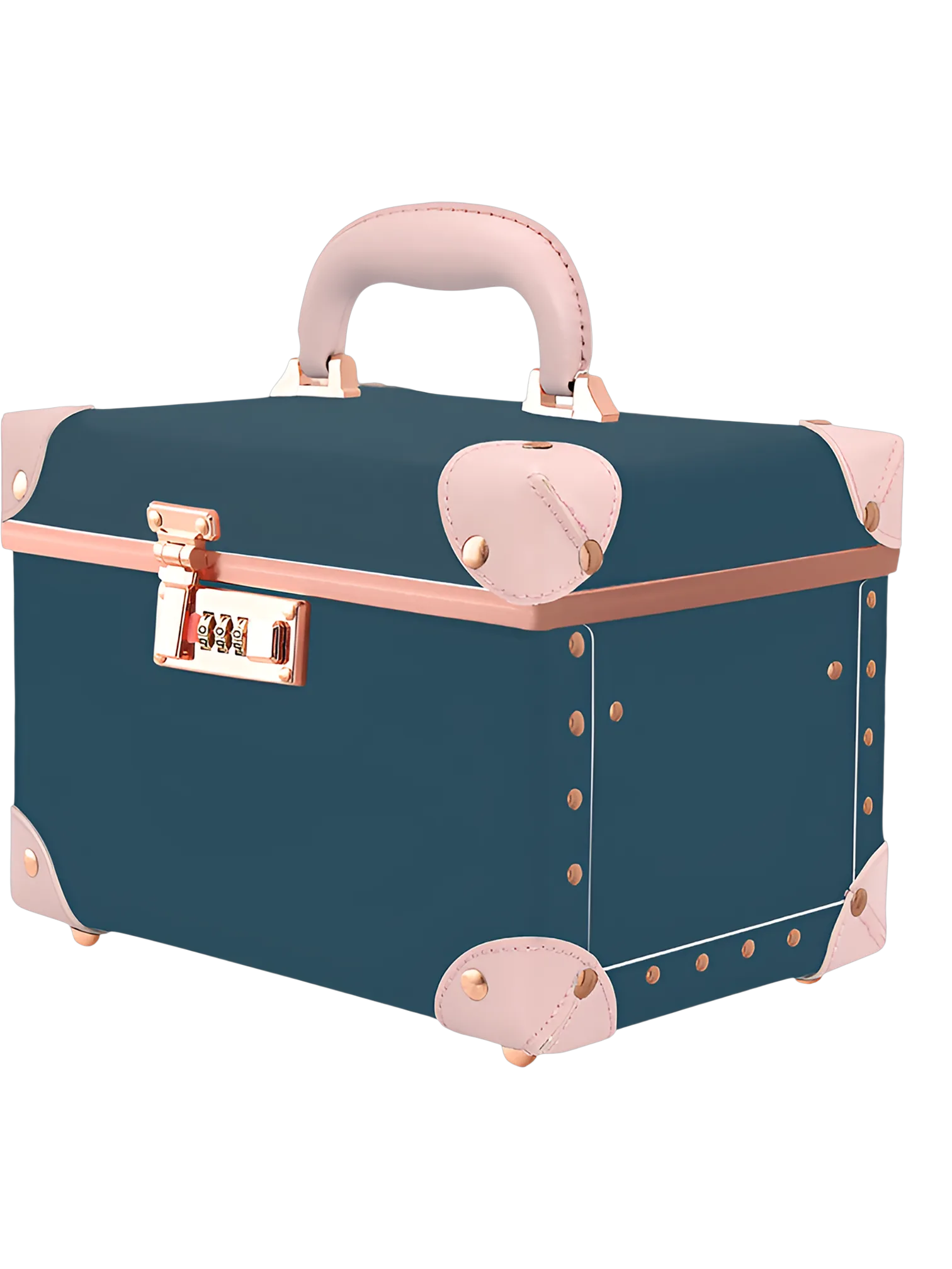 Vanity mallette de maquillage coiffeuse portable avec miroir en simili cuir bleu rose avec poignée dore compacte élégante