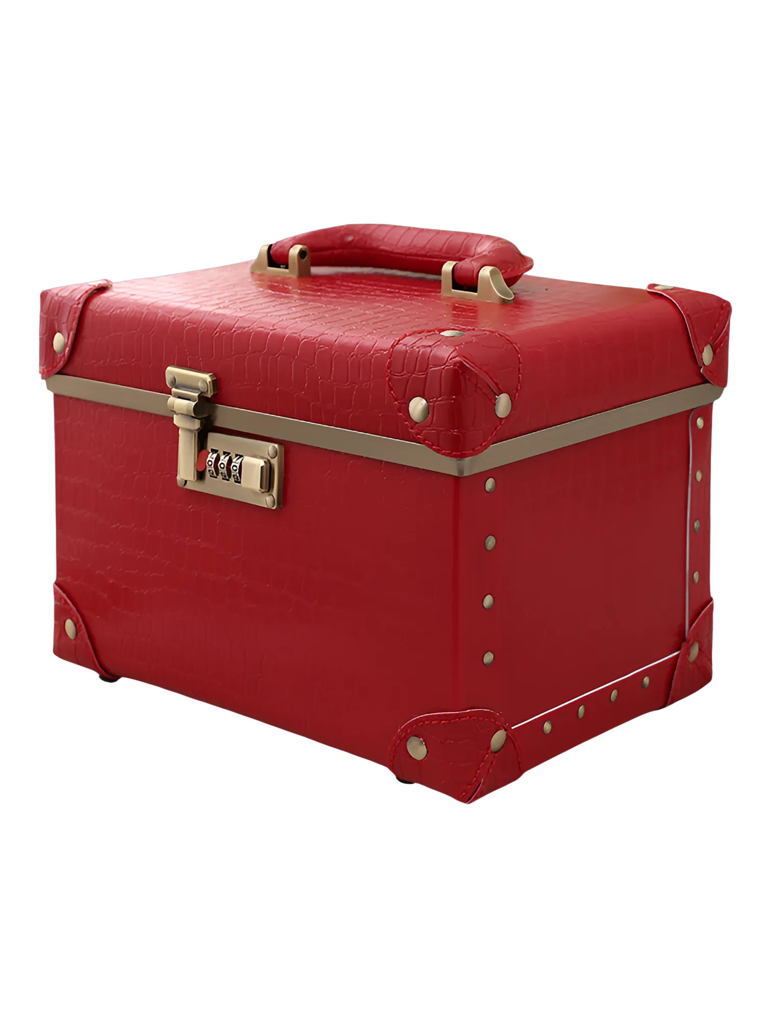 Vanity mallette de maquillage coiffeuse portable avec miroir en similicuir rouge avec fermeture argentée et poignée accommodante